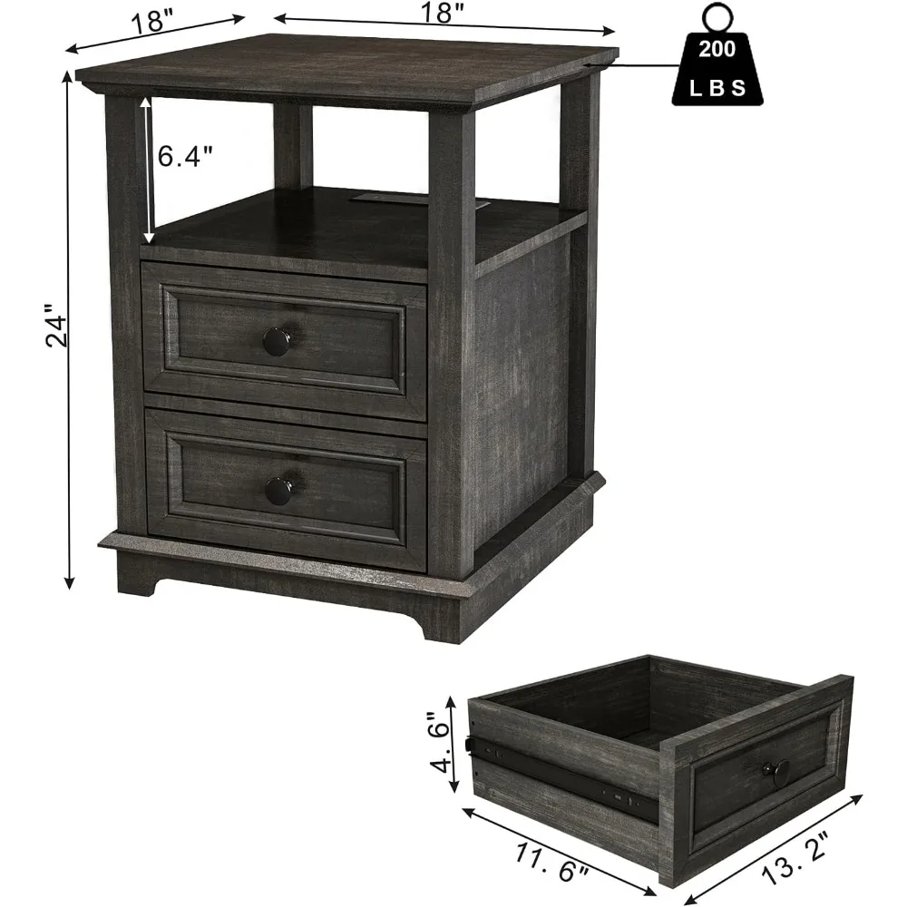 End Table with Fast USB C Charging Station,24” Tall Sofa Side Table with 2 Drawers, Large Storage Rustic Wood Square Storage Cab