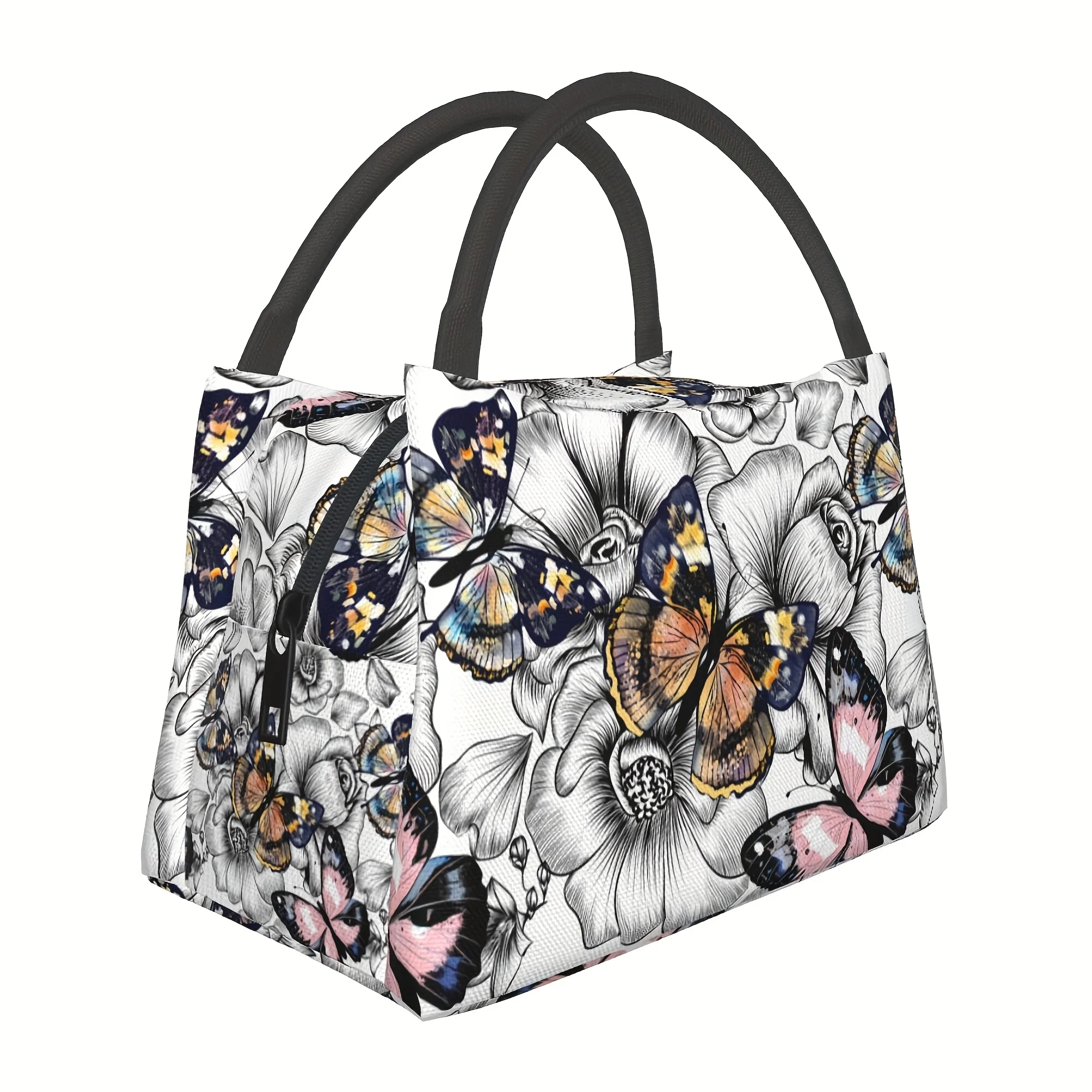 Black White Floral Butterfly Print Insulated Lunch Bag Reusable Cooler Bag for Camping Picnic Office