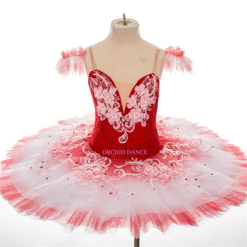 High Quality Custom Size 12 Layers Performance Competition Wear Kids Girls Red Professional Ballet Tutu with flowers