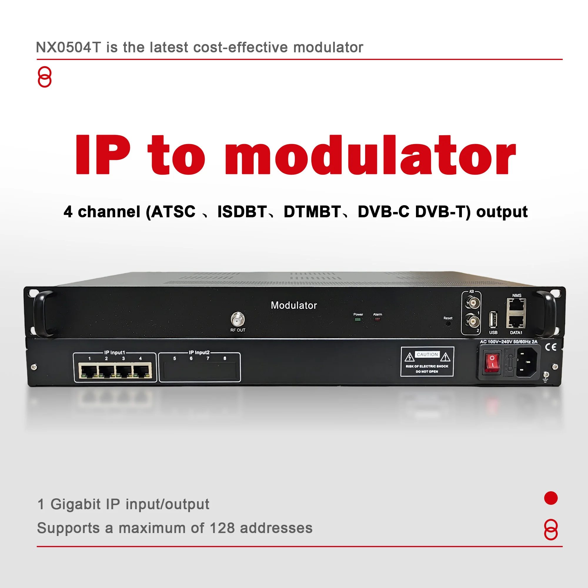 IP/ASI to Modulator 4-Carrier DVB-T, DVB-C, ISDB-T, ATSC, DTMB DTV Modulator IP, ASI, USB to RF