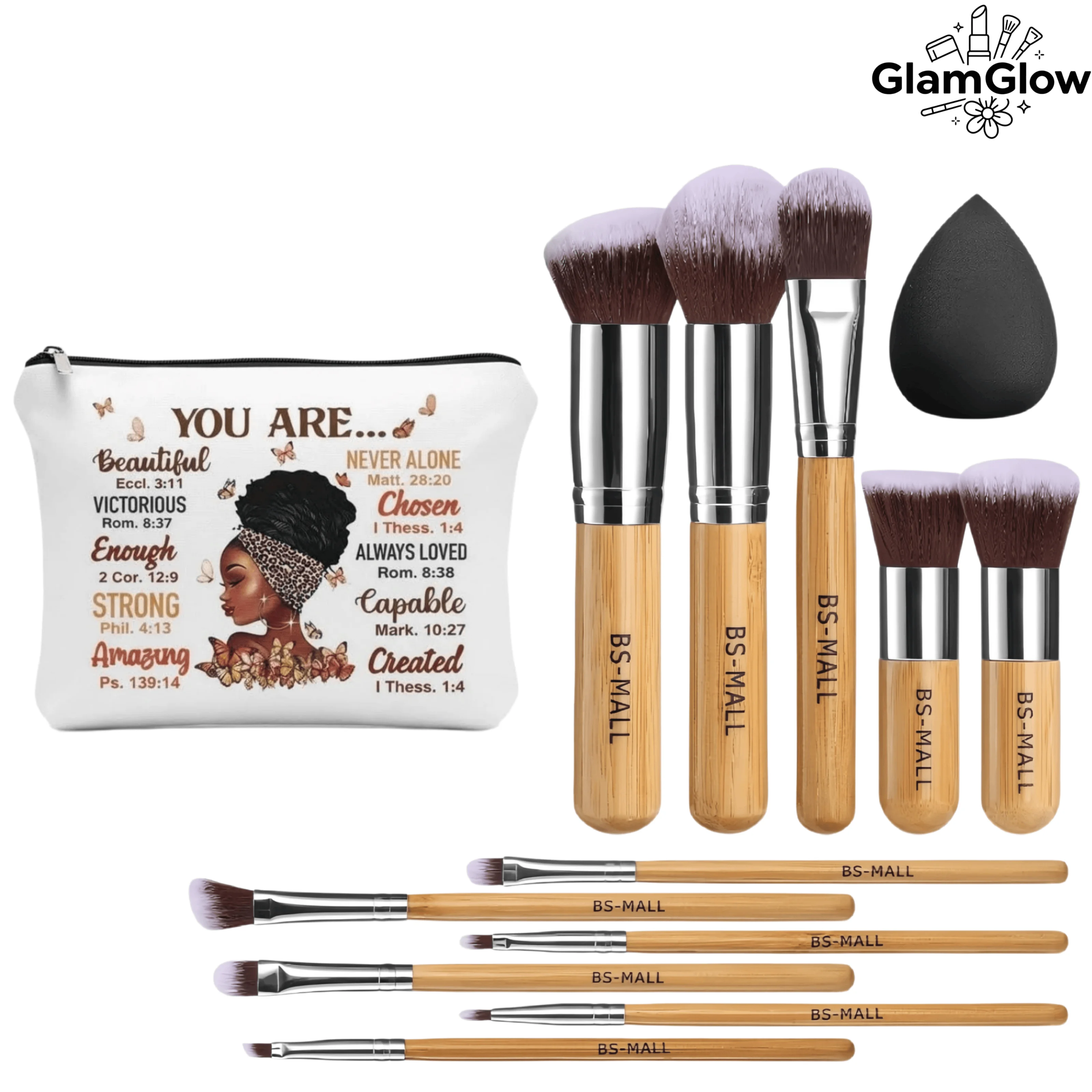 11‑Pcs Bamboo Synthetic Kabuki Makeup Brush Set, for foundation & eyeshadow, with eco‑friendly travel bag and sponge.