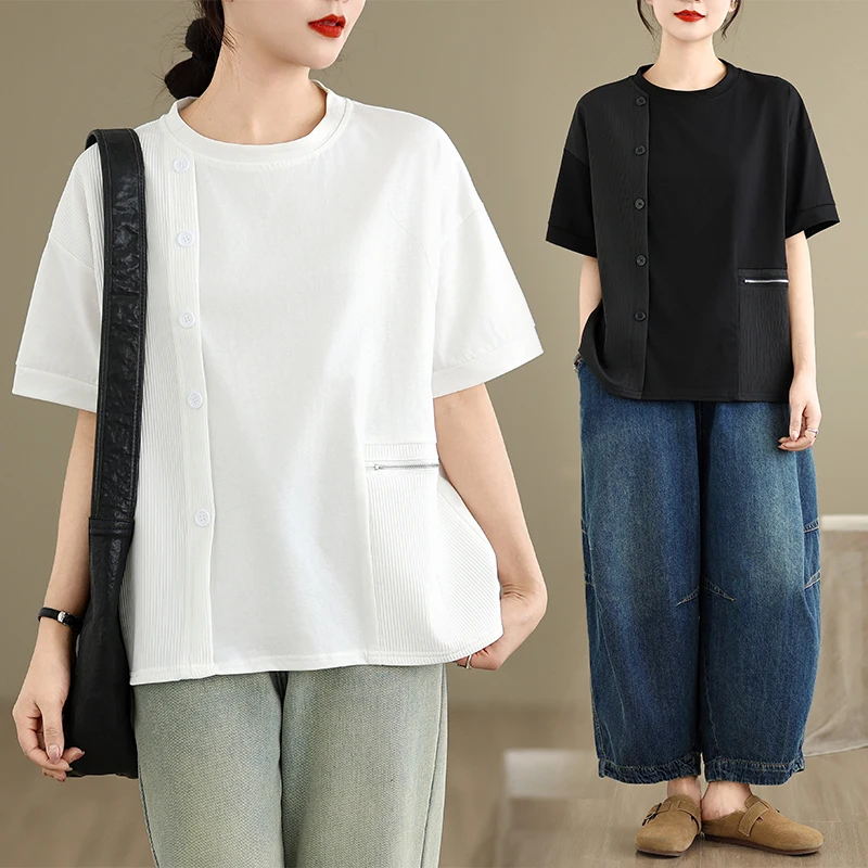 

New plus Size Casual Versatile Age-Defng Faionable Patchwork ort Sve T-irt Loose Fit Cotton Blend Summer Top