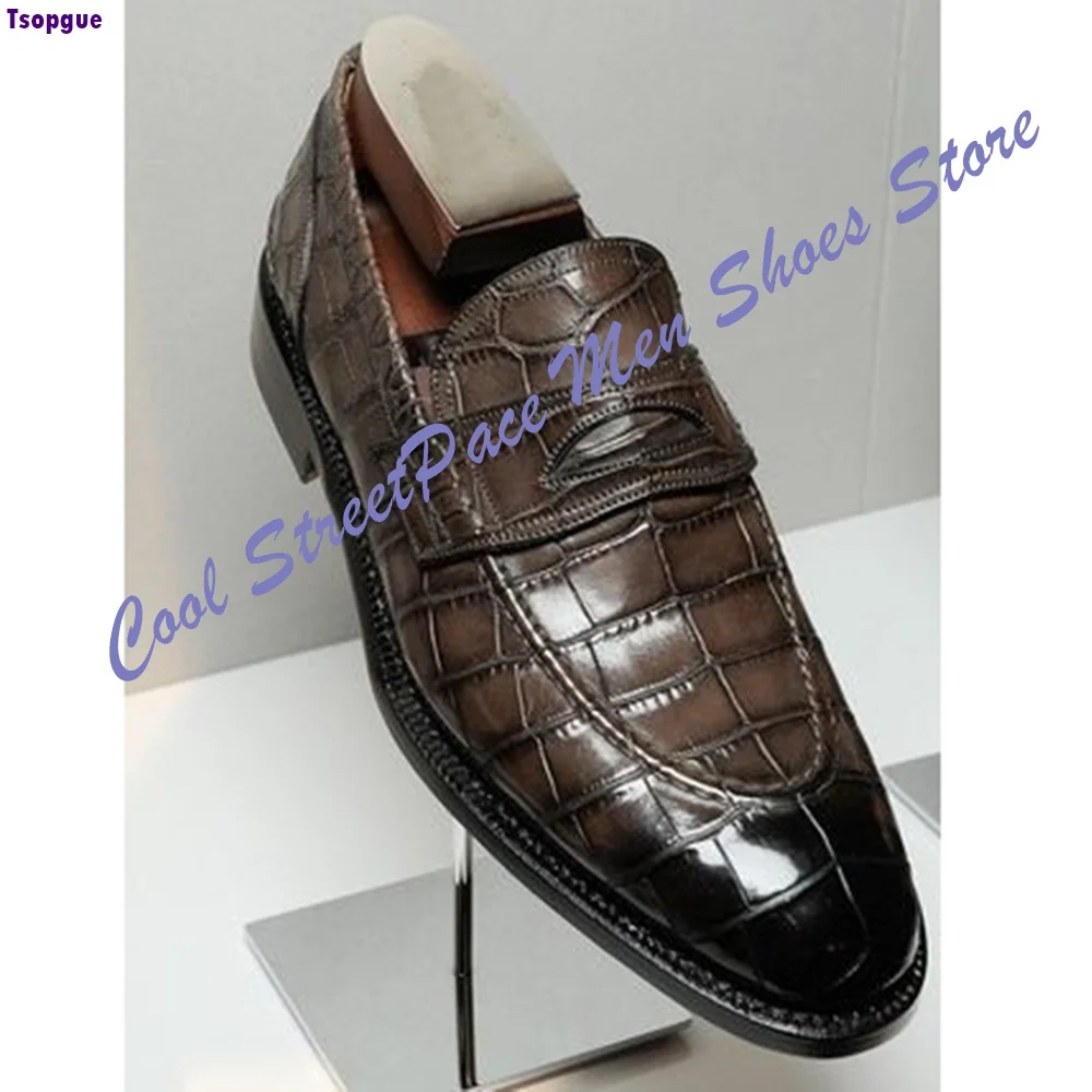 2026 New Arrival Men Luxury Crocodile Print Loafers Handmade Genuine Leather Slip On Dress Shoes Brown Formal Business Casual