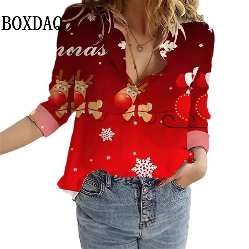 New 2024 Women\'s Blouses Christmas 3D Printed Shirts Autumn Winter Fashion Long Sleeve Funny Cute Santa Claus Casual Button Tops