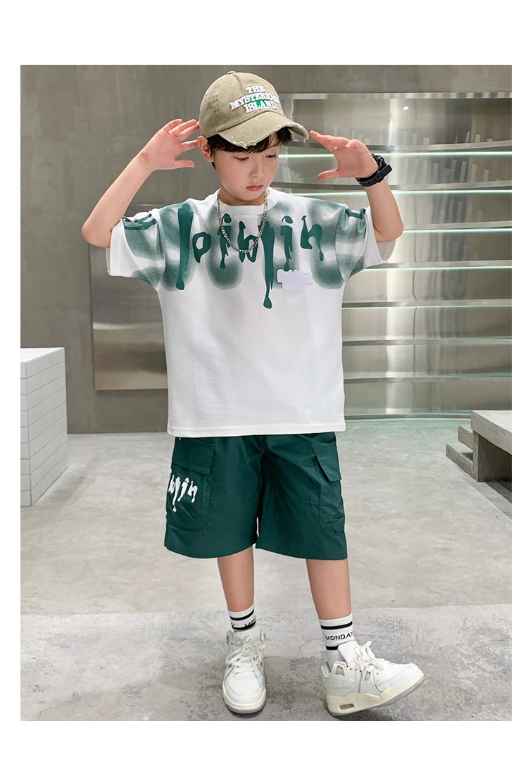 Heißer Verkauf Jungen Sommer Mode Baumwolle 2-teilige Kurzarm-T-Shirts + Shorts Anzüge 5-14 Jahre Kinder Freizeitkleidung Kinderbekleidungssets – Detail 7