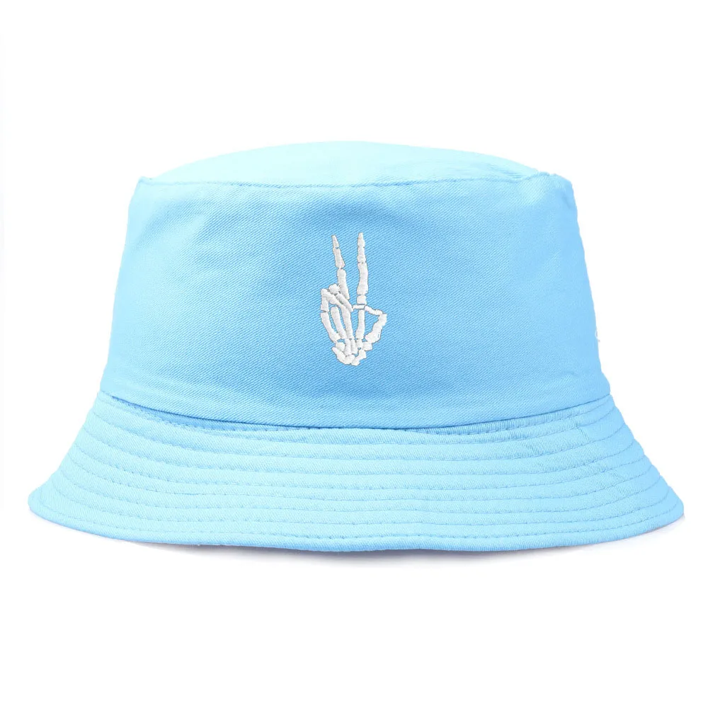 Bucket Hats Skeleton gesture Embroidery Solid Color Men Women Fisherman Cat Cotton Anti-sun Hats Bob Vintage Summer Panama Hat