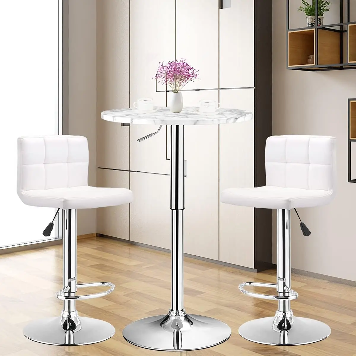 Round Pub Table Height Adjustable, 360° Swivel Cocktail Pub Table With Sliver Leg And Base For Home, Bar Table(4, White)