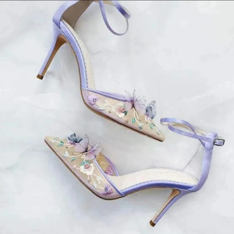 French Beauty Embroidery Flower with Butterfly Sandals Women Pointed Toe Ankle Strap 6 Cm High Heels Fairy Woman Shoes