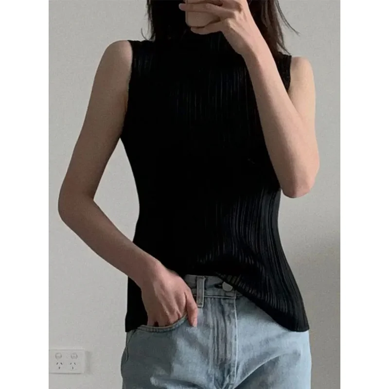 Miyake Pleated Elegant Fashion Temperament Solid Color Half High Neck Sleeveless Women\'s Vest 2023 Summer New Breathable Top