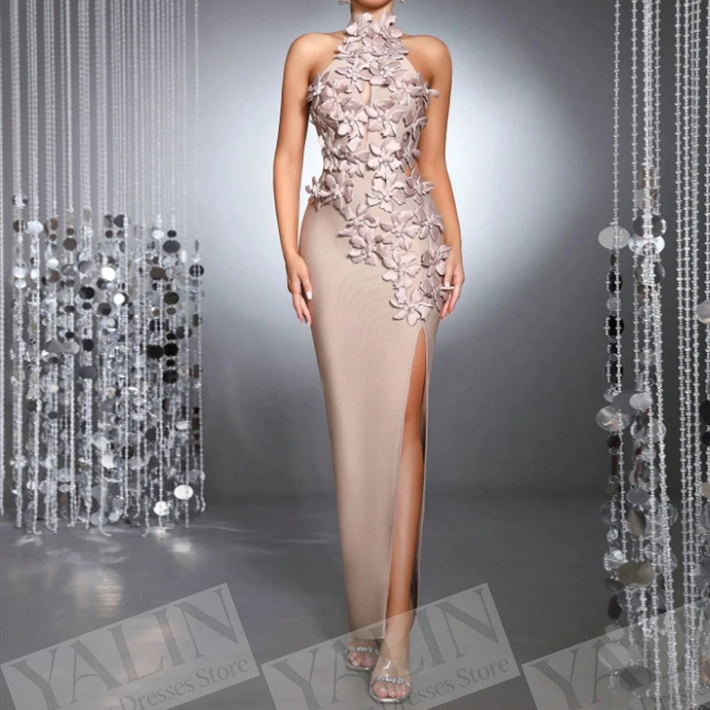 

Women's Straight Evening Dresses Ankle-length High-neck Sleeveless Prom Gown Fashion Flowers Side-split Customized Gowns