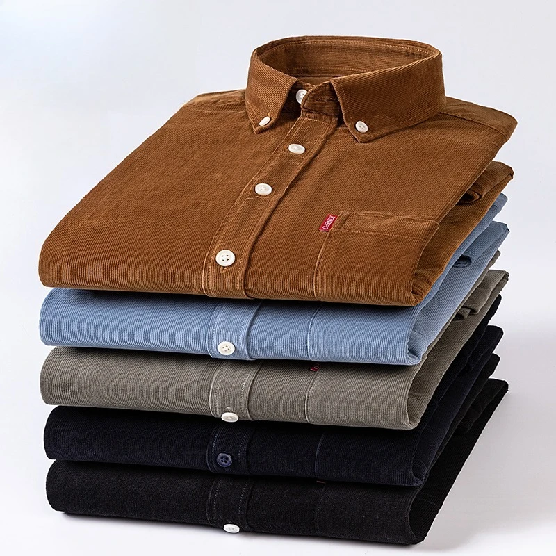 100%cotton corduroy fashion korean popular clothes long sleeve shirts for men slim fit casual plain shirt single pocket tops