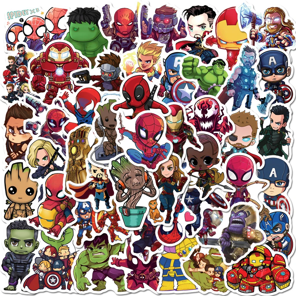 Disney Marvel The Avengers Super Hero Adesivos, Decalques Anime, Brinquedos impermeáveis, Homem-Aranha, Etiqueta dos desenhos animados do homem de