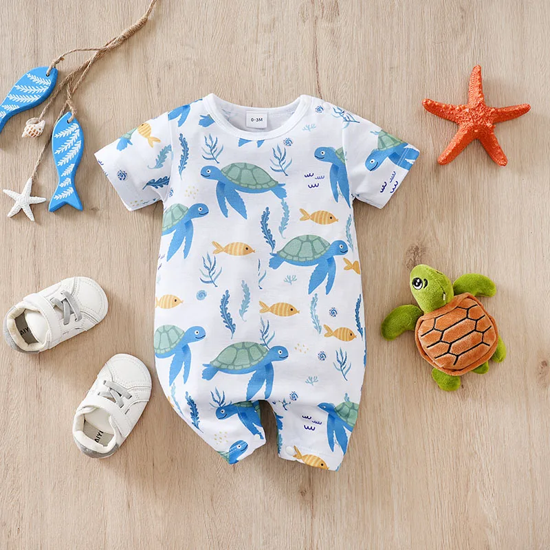 Newborn Baby Boys Jumpsuit Costume Romper Onesies Short Sleeve Print Clothes Summer Round Neck Outdoor Sport Toddler 0-18 Months