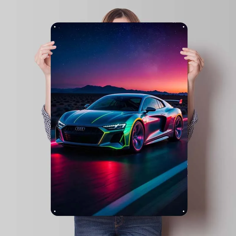 Neon Audi Racing Tinplate Sign Car Poster Decoration Wall Decor Living Room Retro Metal Sign for Garage Wall Art Decoration Home