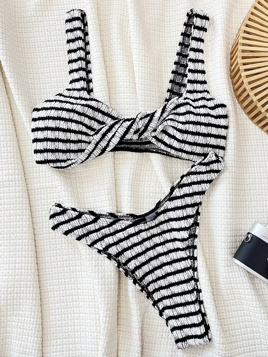 

Полосатый морщинистый бразильский бикини с высоким вырезом 2022, женский купальник, женский купальник, комплект бикини из двух частей, купальный костюм, пляжная одежда для плавания