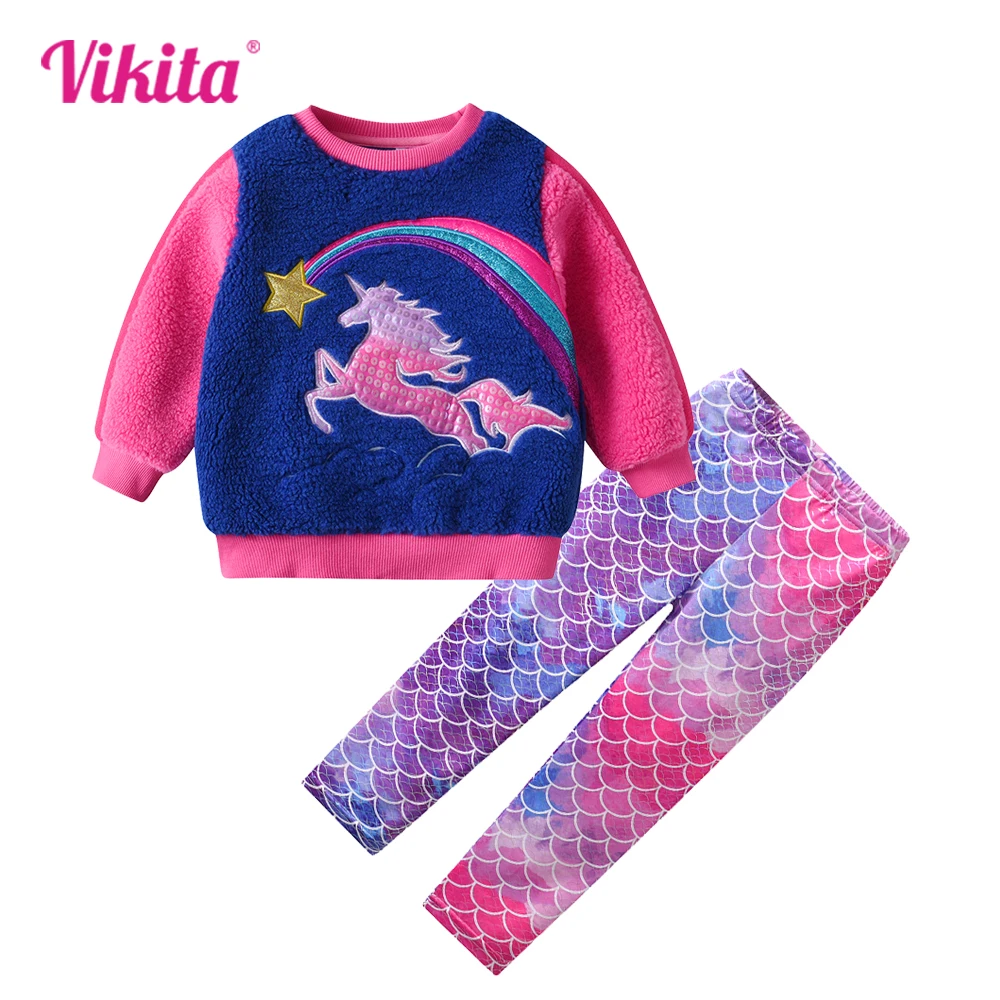 VIKITA Girls Spring Autumn Suit Children's Clothing Sets Girl Licorne Pullover Fleece Sweatshirt and Pant 2pcs Suit Outfits Sets