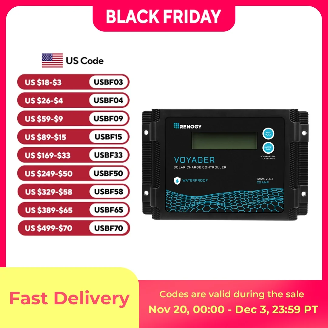 

Водонепроницаемый Контроллер заряда солнечной батареи Renogy Voyager 20A 12В/24В PWM с ЖК-дисплеем для AGM, Gel, утопленной и литиевой батареи,