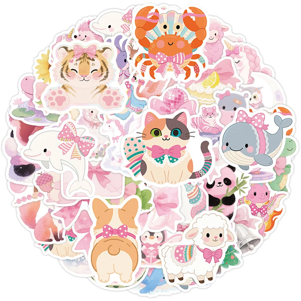

10/30/50pcs Cute Pink Animal Aesthetic Stickers Fun Cartoon Bow Cat Panda Dog Sticker DIY Suitcase Phone Laptop Decals Wholesale