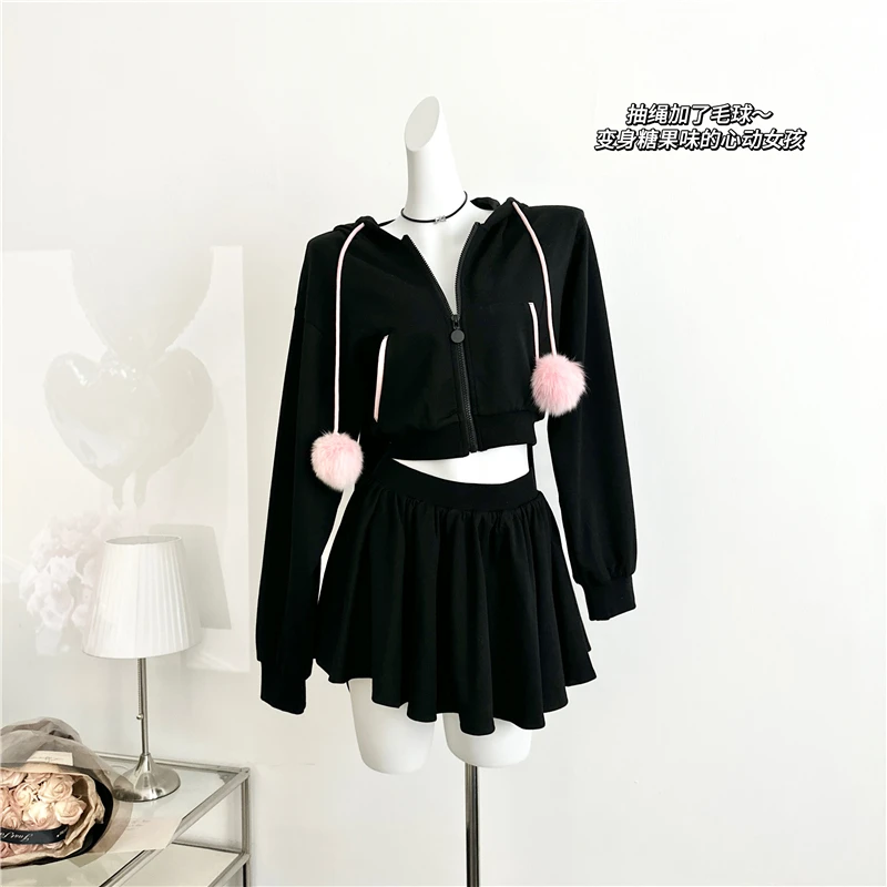 Vintage Long-sleeved Zipper Mini Skirt Sets Stylish Korean Drawstring Design Sexy Street Wear Casual Women's Aesthetics Suit