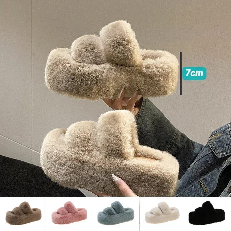 Kobieta Furry Ladies Fur Luxury Fluffy Plush Slipper House Soft Fuzzy Platform Indoor Casual Winter Home Warm High Heels Female