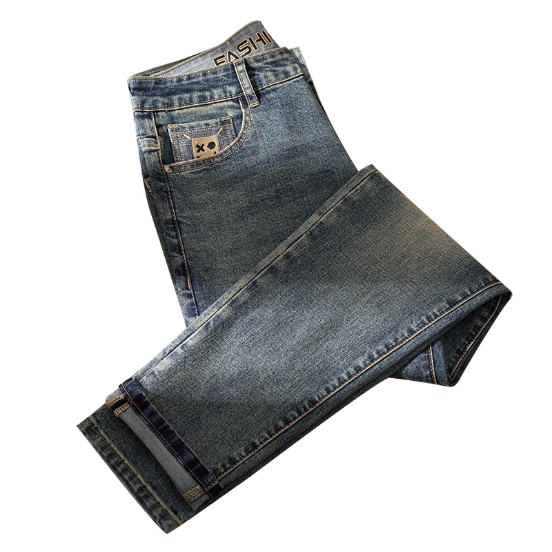 Calça jeans pesada e angustiada masculina, calças justas lavadas, calça lápis, casual, versátil, bordada, nostálgica, longa, retrô, na moda