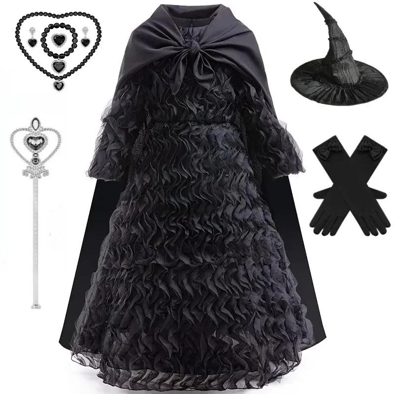 Film Wicked Cosplay Elphaba Glinda Costume Streghe Abito Mantello Bacchetta Cappello Set per Ragazze Bambini Vestito Abiti di Carnevale di Halloween