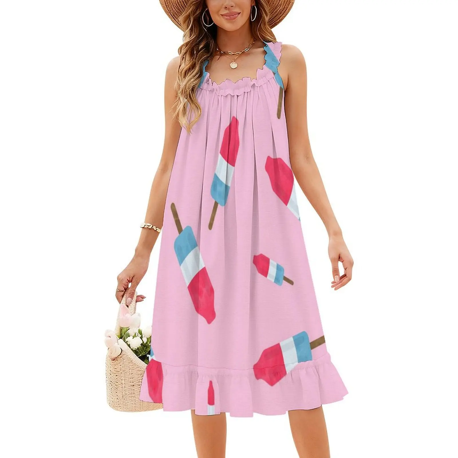 Popsicles-Modello retrò-(Sfondo rosa) Abito con scollo a cuore Elegante abito da festa estivo per le donne Gelato ghiacciolo