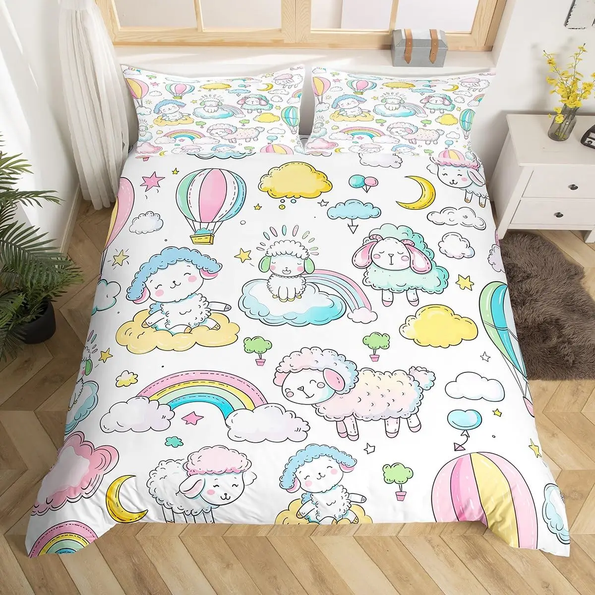 Cartoon Hot Air Balloon Duvet Cover Set Twin Queen King Size Kawaii Sheeps Bedding Set Watercolor Rainbow Clouds Comforter Cover