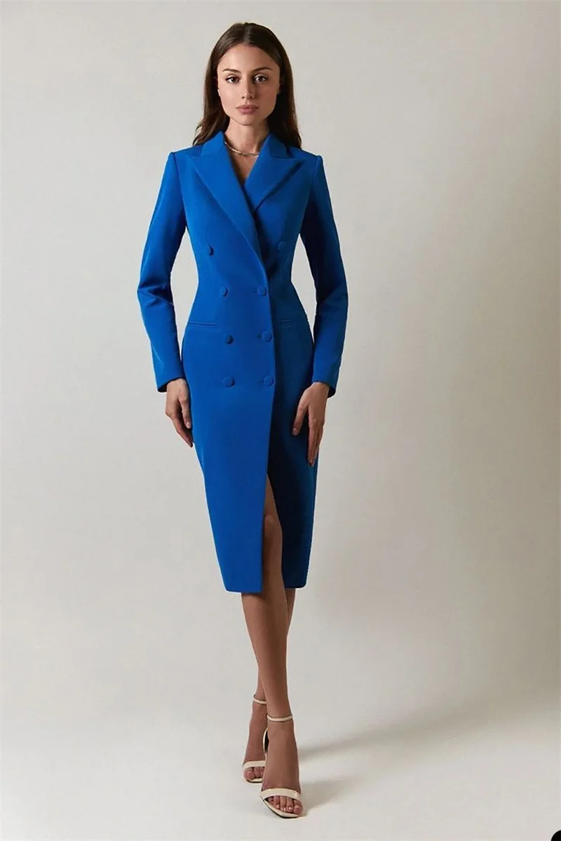 Costume Blazer bleu pour femmes, robe de bal formelle pour le bureau, robe de soirée de styliste à Double boutonnage, veste longue sur mesure