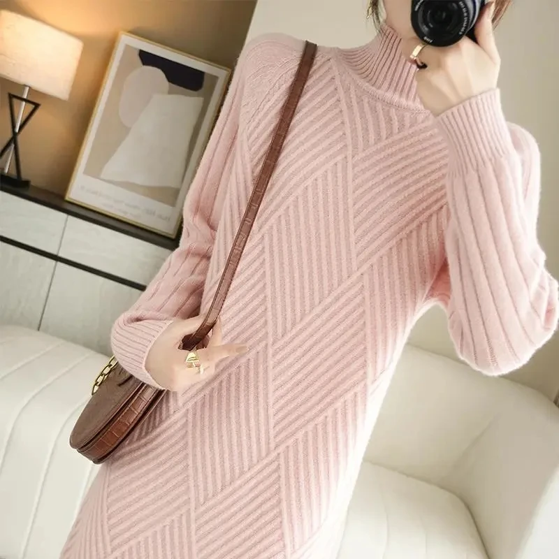 Long Sleeve Bottoming Knitted Dresses Autumn Winter Warm Korean Turtleneck Straight Sweater Dresses Women Casual Knee-Length