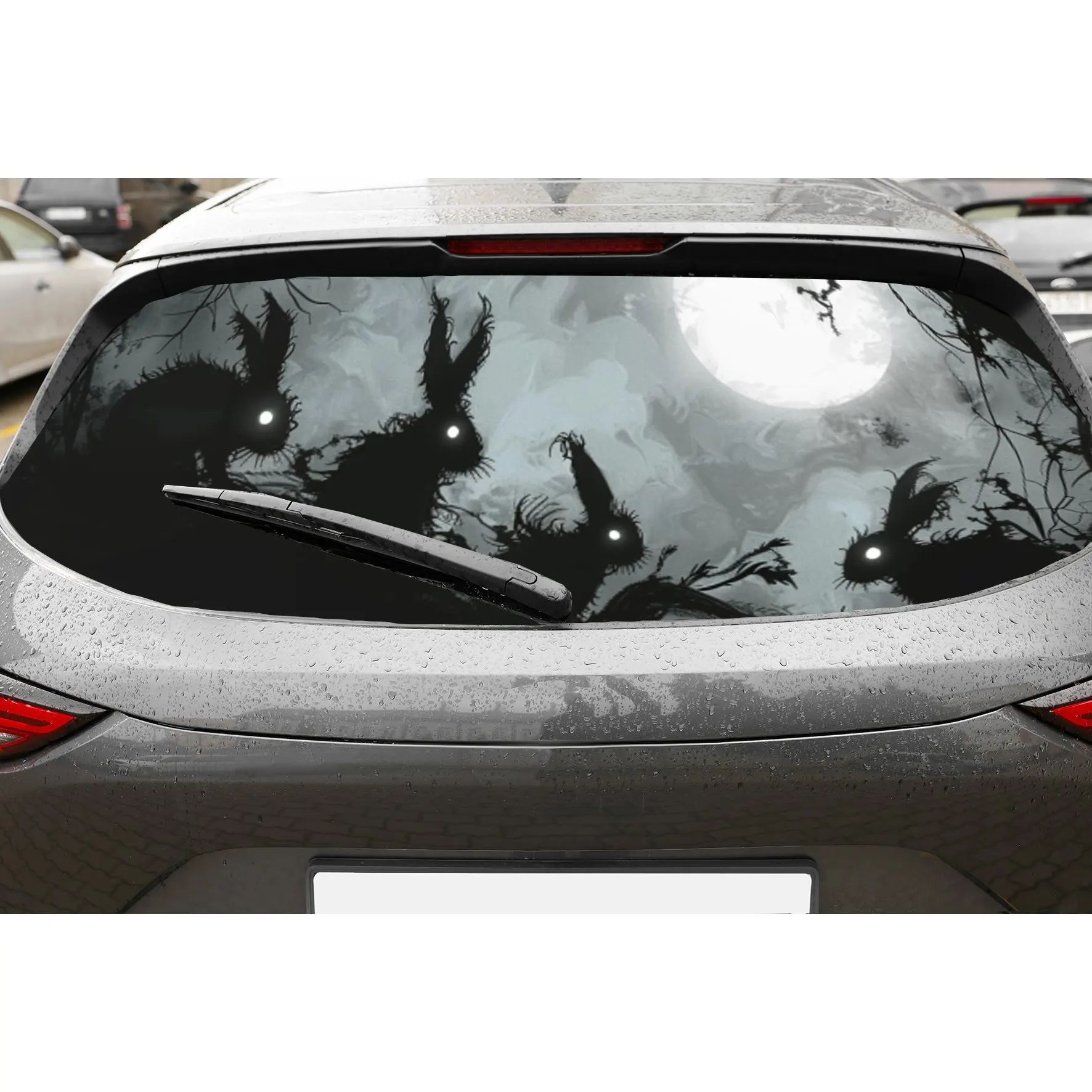 

Перфорированные автомобильные виниловые обертки из ПВХ с силуэтом жуткого кролика, улучшающий конфиденциальность дизайн для заднего окна, наклейка на заднее лобовое стекло автомобиля f