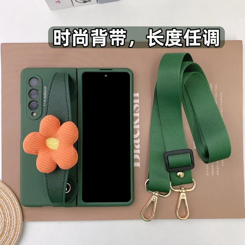 For Samsung Galaxy Z Fold 6 5 4 3 2 5G Fashion Cute Flower Wrist Band Bracket Crossbody Long Strap Green Matte Skin Case Cover