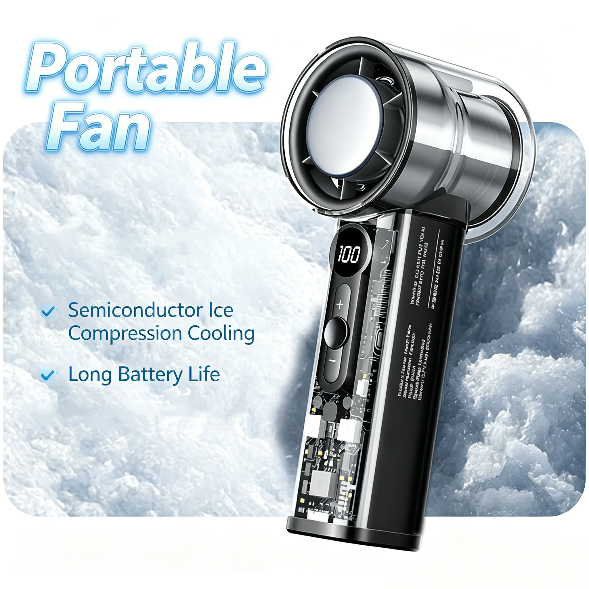 Portable Mini Semiconductor Ice Compress Cooling Fan, High Speed Turbo Transparent Mecha Style, USB Rechargeable Digital Display