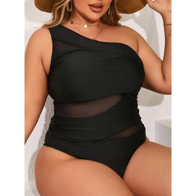 M-3XL 4XL Plus Size Swimsuits Women One Shoulder Slim Swimwear For Women Mesh Solid Black Red Blue Push Up Padded Bathing Suits
