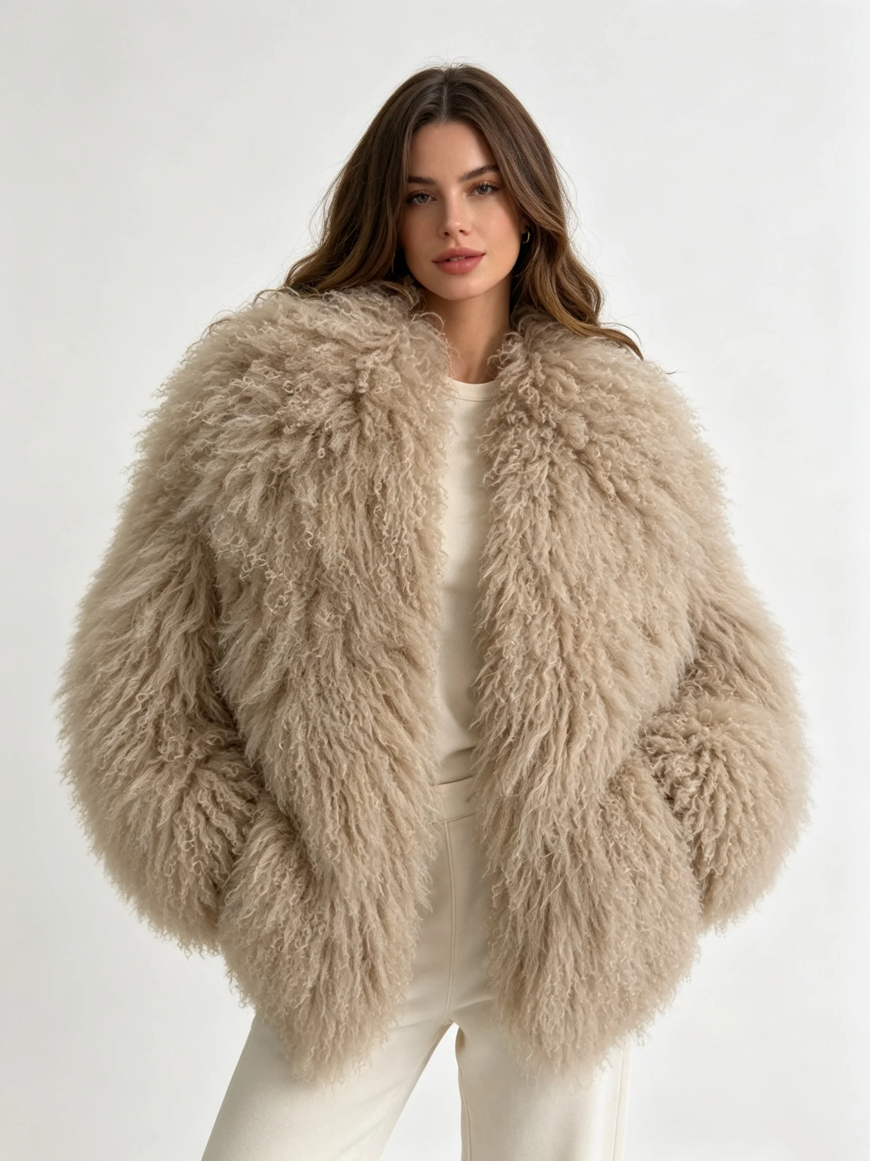 LIMO Fluffy Curly Mongolian Sheep Fur Coat Oversized Wide Sleeve Open Front Shaggy Fur Jacket Women Winter Luxury Outerwear