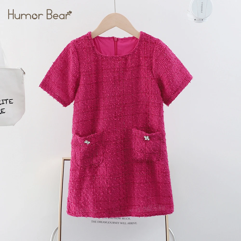 Humor Bear Summer Girls Dress Kids Clothing Small Fragrant Round Tie Pocket Diamond Embellished Dress Children's Clothing