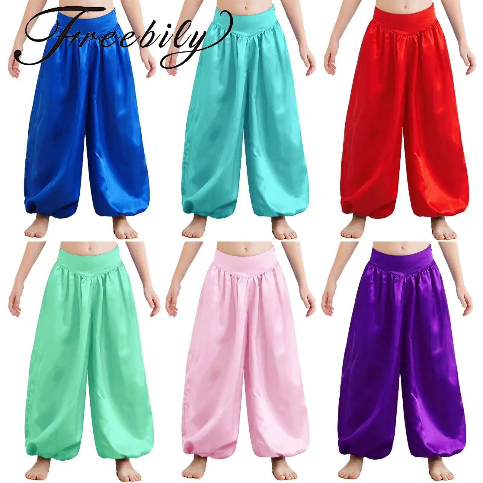 

Princess Satin Bloomers Kids Girls Tribal Arabic Belly Dance Harem Pants Halloween Cosplay Carnival Trousers Dancewear Clothing
