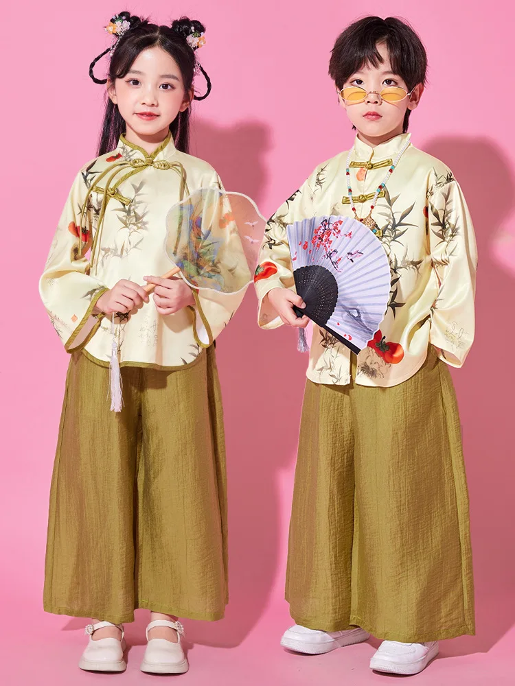 Boys Chinese Tang Suit Kids Hip Hop Clothing Bamboo Print Gold Top Wide Pants for Girls Dance Costume Clothes
