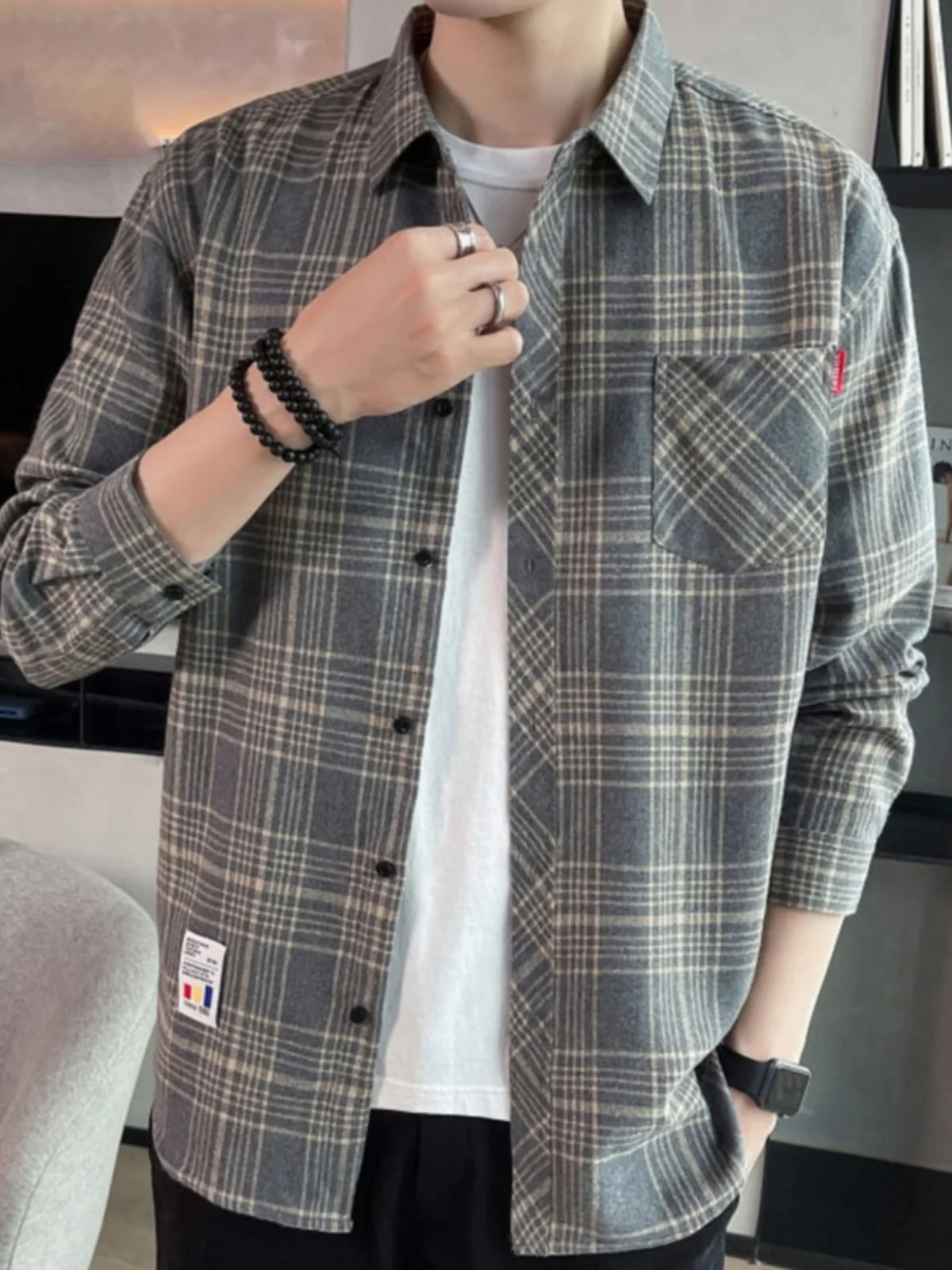 

Spring Autumn Plaid Shirt Men's Casual Long Sleeve Fashionable Youthful Loose Fit Male Apparel Hong Kong Style Trendy Clothing