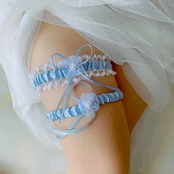 Liga de boda azul cielo para mujer, novia, recuerdo, encaje, perlas, lazo, liguero para damas, suministro nocturno