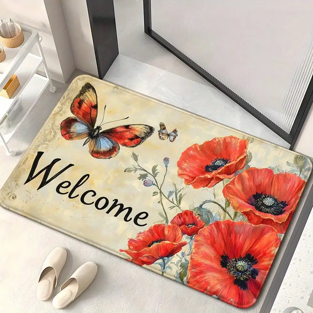 1pc Poppy Flowers Door Mat, Non-Slip Bathroom Floor Mat, Microfiber Absorbent Washable Polyester Rug For Bedroom, Living Room Entrance
