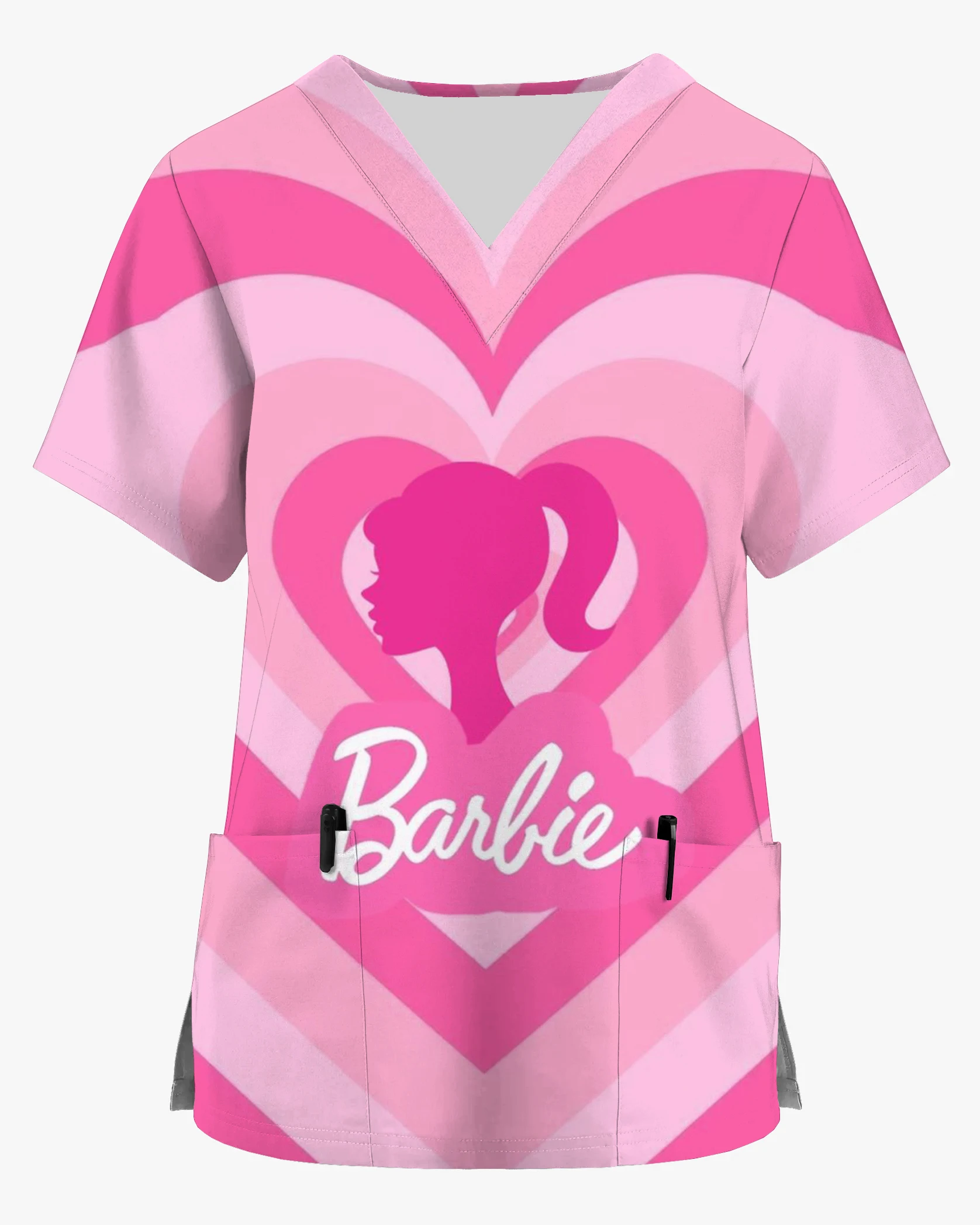 Women's Nursing Clothes Barbie Princess V-Neck Print Scrub Top Accessories Doctor Uniform Hospital Nurse Beauty Salon T-shirt