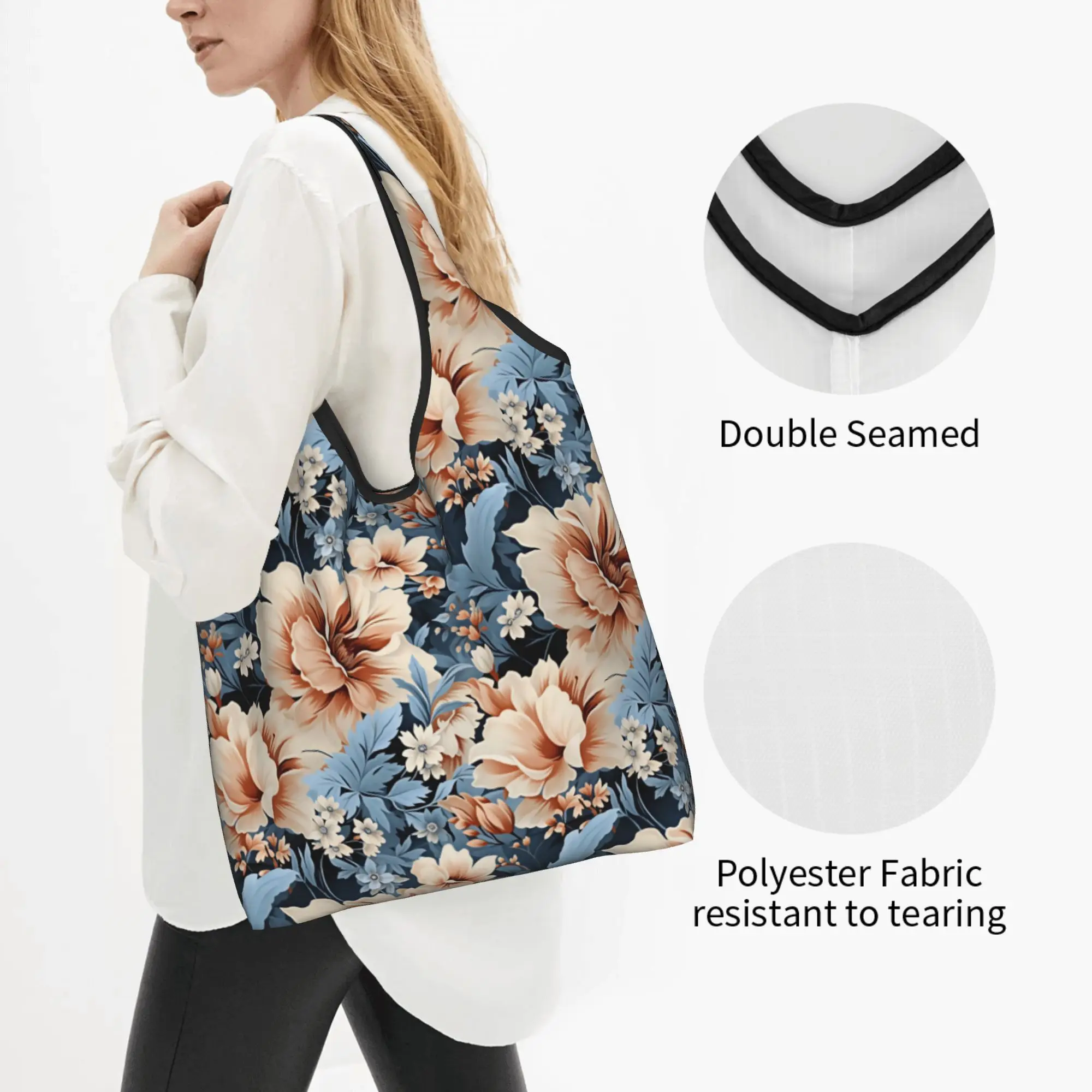 Fashion Printed Blooming Pale Orange Peonies Flowers Tote Shopping Bags Portable Shoulder Shopper  Handbag