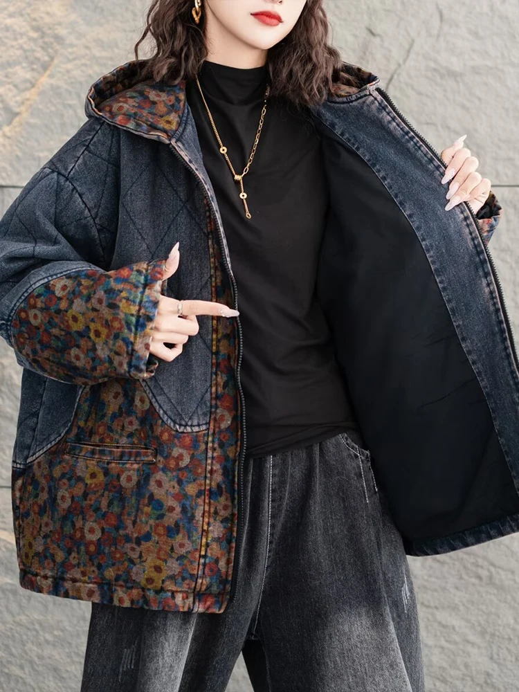 Max lulu quente impresso das mulheres inverno acolchoado com capuz denim parkas engrossar vintage jeackets casual algodão solto oversized outerwear