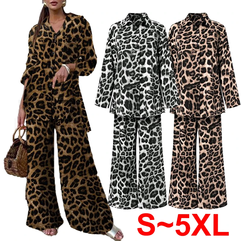 Two Piece Sets Women Leopard Print Long Sleeve Shirt Tops And Long Pants Wide Leg Trousers Casual Loose Suits Clothes Plus Size