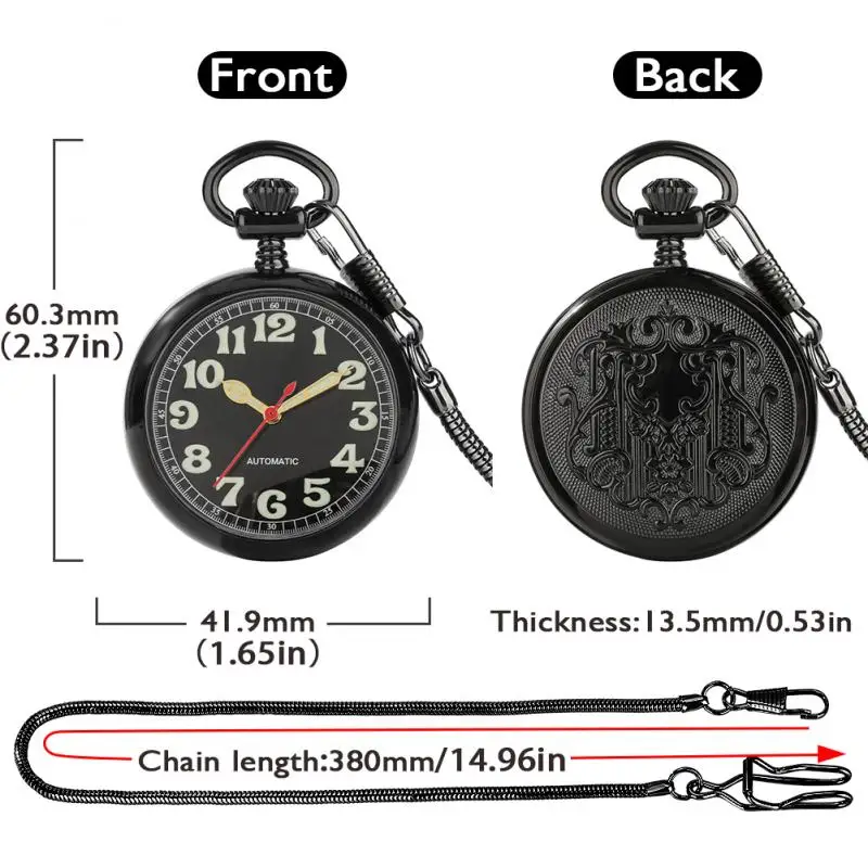 Black Snake Chain Smooth Open Faced Automatic Watch for Men Self-Wind Watch Arabic Numbers Mechanical Pocket Watch FOB Clock