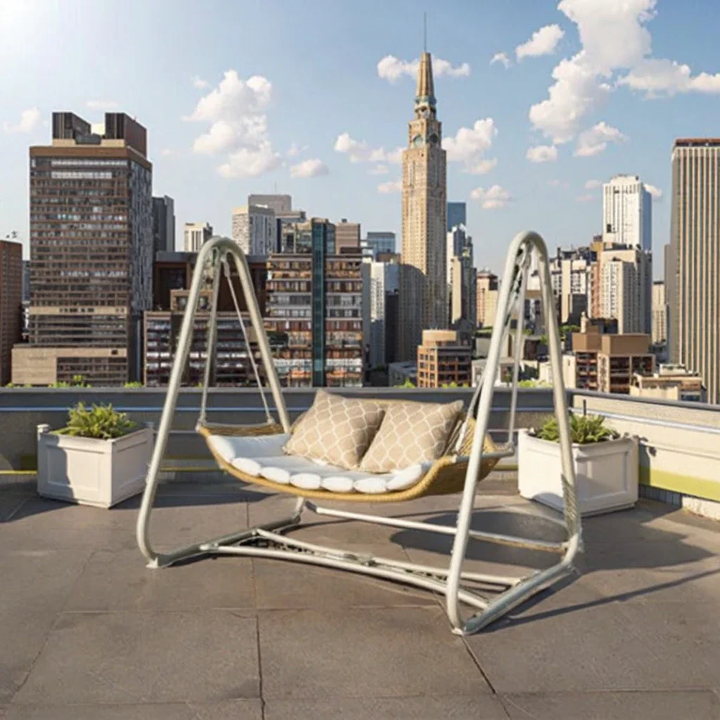 2026 Modern Ergonomic Metal Outdoor Porch Swing with Weather-Resistant Removable Washable Cushions Canopy & Gazebo Outdoor Furni