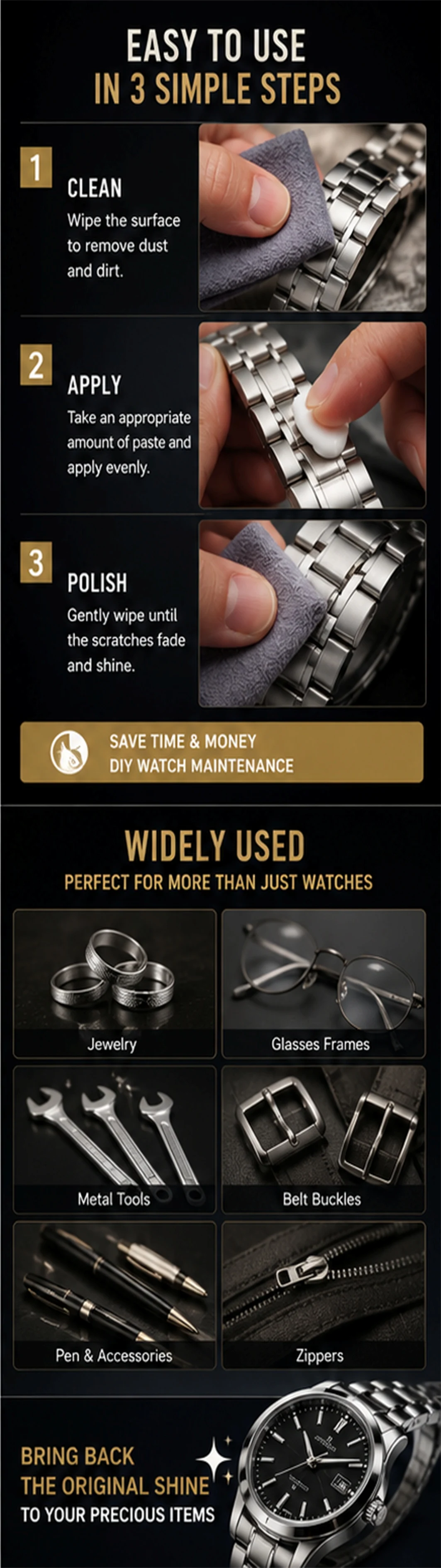 Uhrenpolierpaste zur Entfernung von Kratzern auf Armbändern, Bildschirmen und Metallrahmen, zur Reparatur von Edelstahl, zur Wiederherstellung des Glanzes und zur Entoxidierungspflege – Detail 3