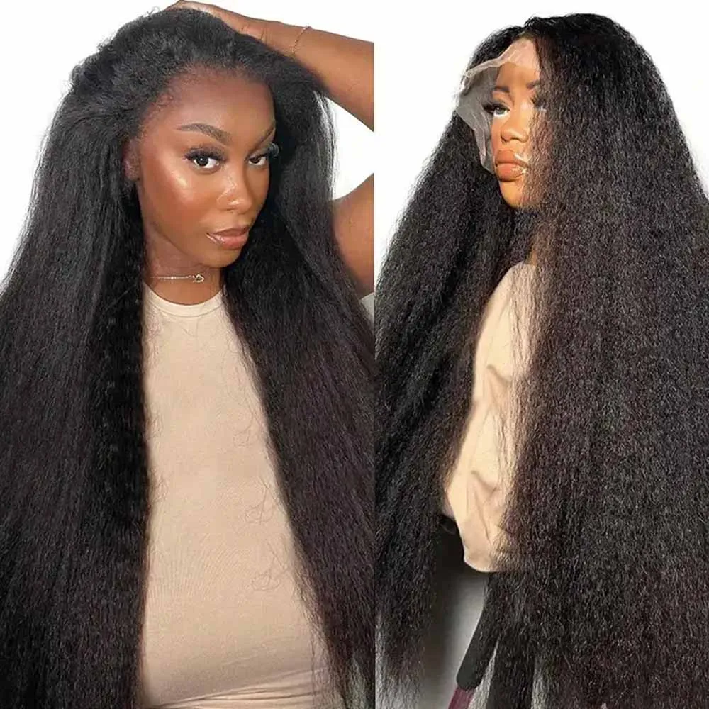 

Парик из натуральных волос 13x4 Kinky Straight с кружевной передней частью, с кудрявыми краями и детской линией роста волос, без клея, Yaki Straight, HD Lace Frontal, 250% плотность