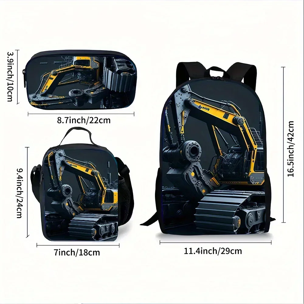 Custom Custom Excavator Backpack 1/ 3pcs, Including Backpack Lunch Box And Pencil Bag, Suitable For Daily School, Mountain Climb